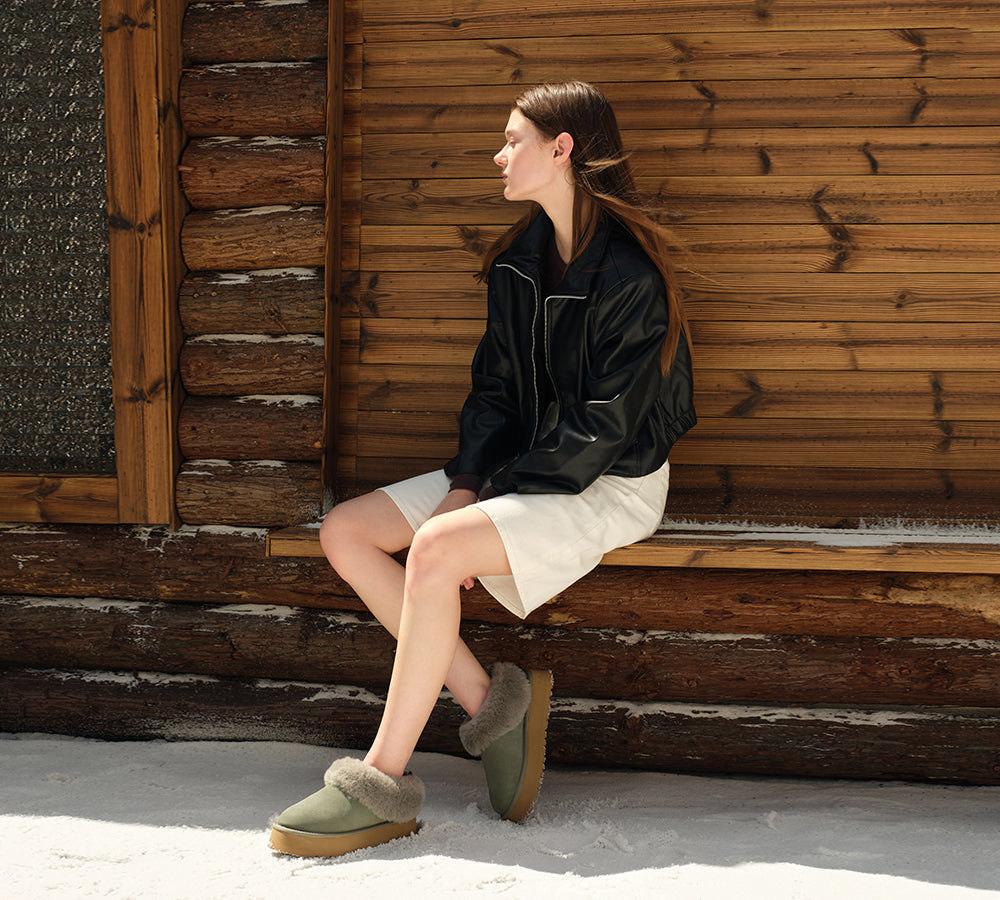 UGG Slippers Sheepskin Wool Collar Ankle Platform Glacial