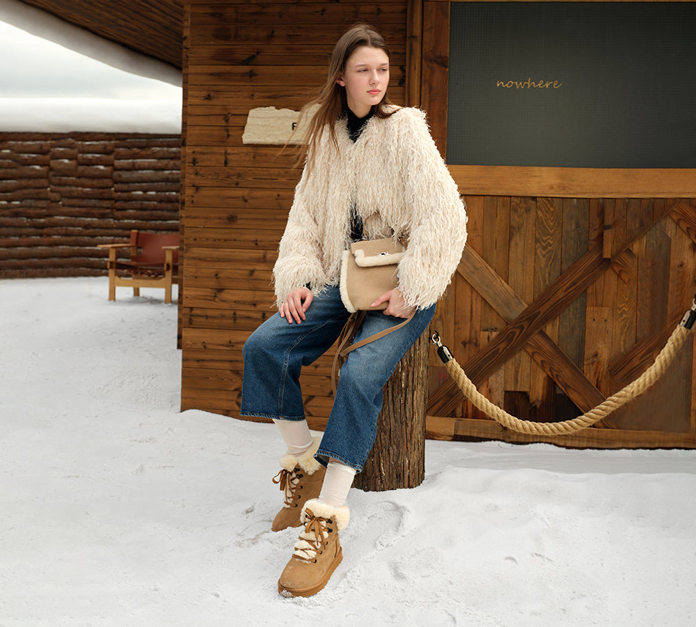 UGG Boots Sheepskin Wool Collar Lace Up Trego