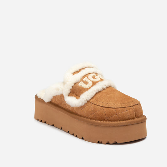 VIOLET MATELASSÉ SHEARLING PLATFORM SLIPPER chestnut (no strap)