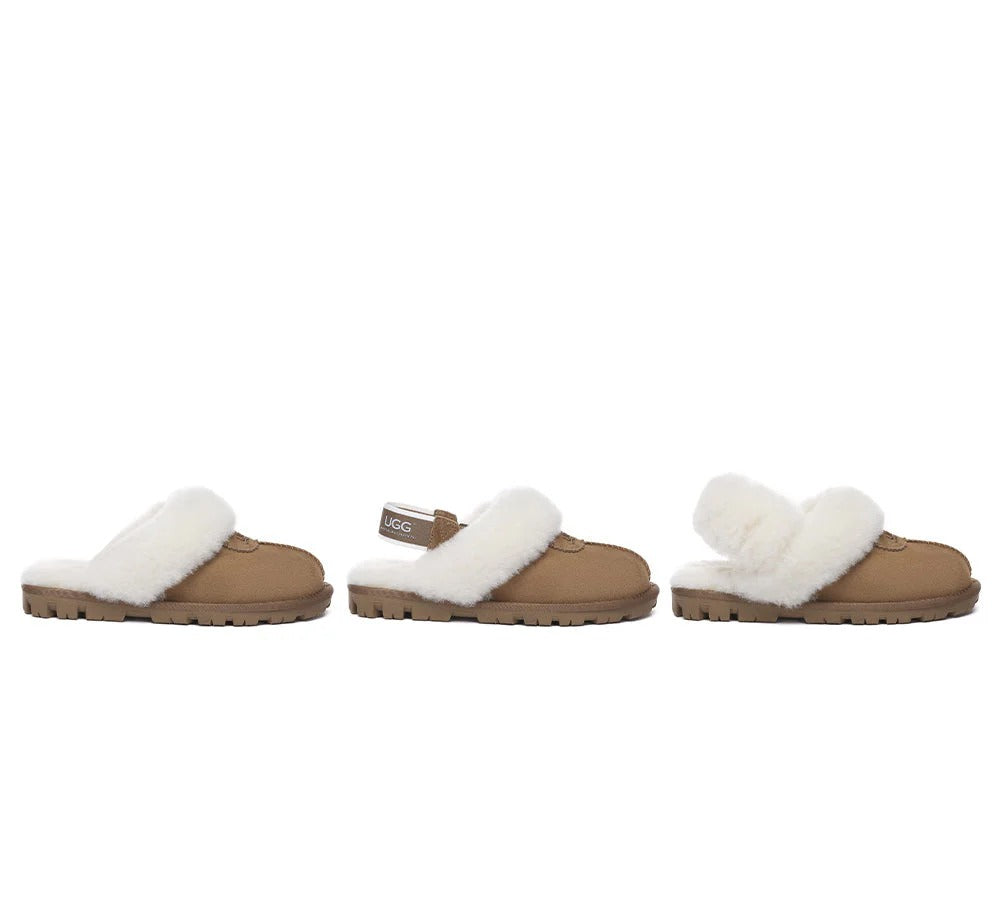 UGG Slippers Women Removable Wool Fluffy Strap Slingback Waffle