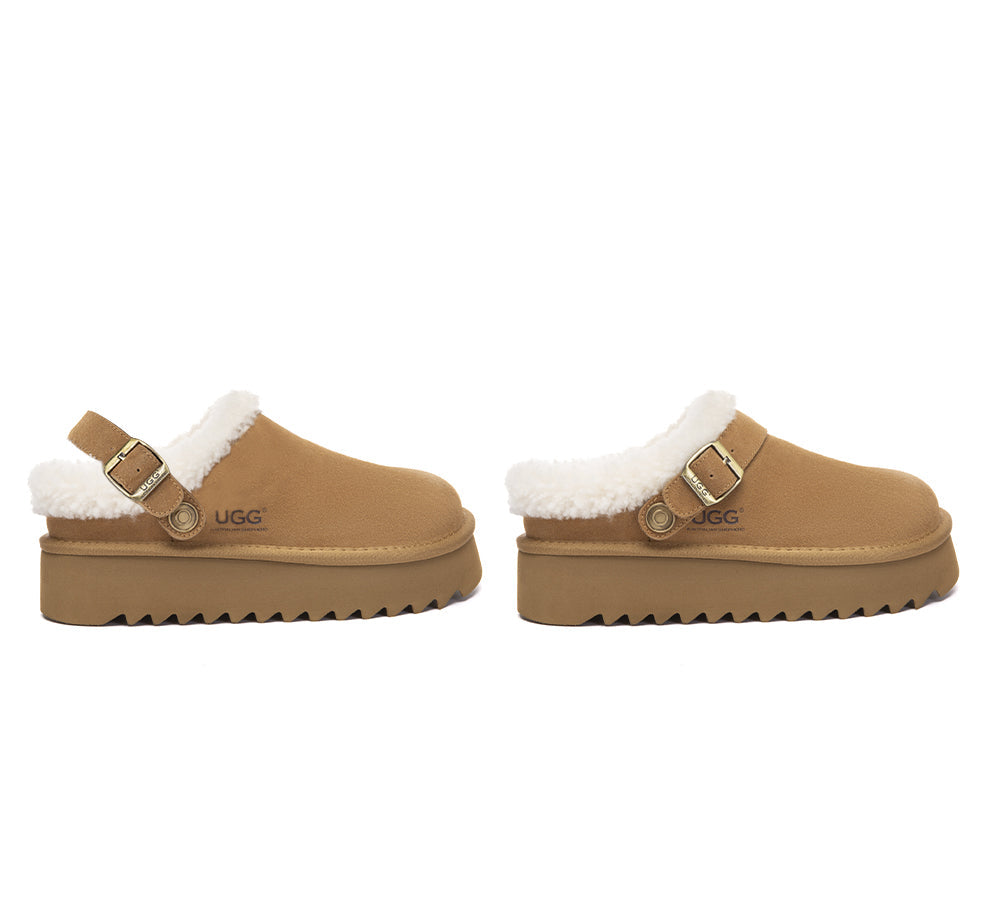 UGG Slippers Sheepskin Wool Adjustable Strap Platform Pulsey