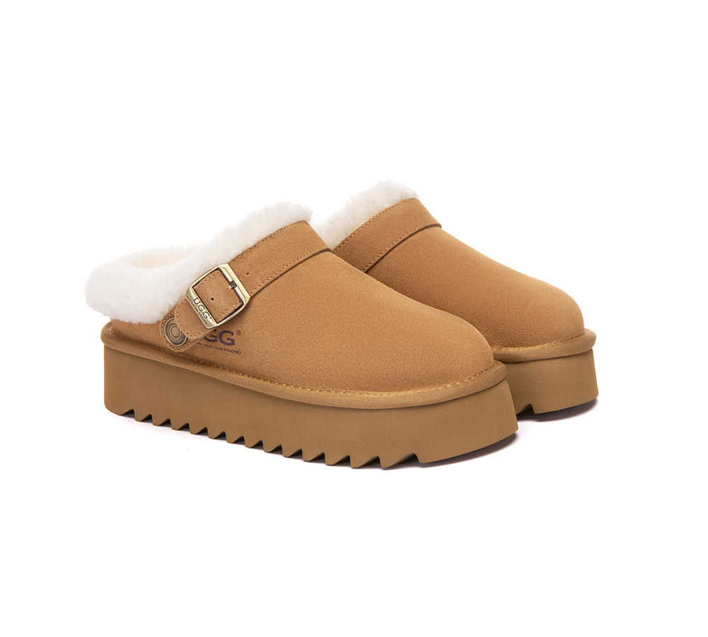 UGG Slippers Sheepskin Wool Adjustable Strap Platform Pulsey