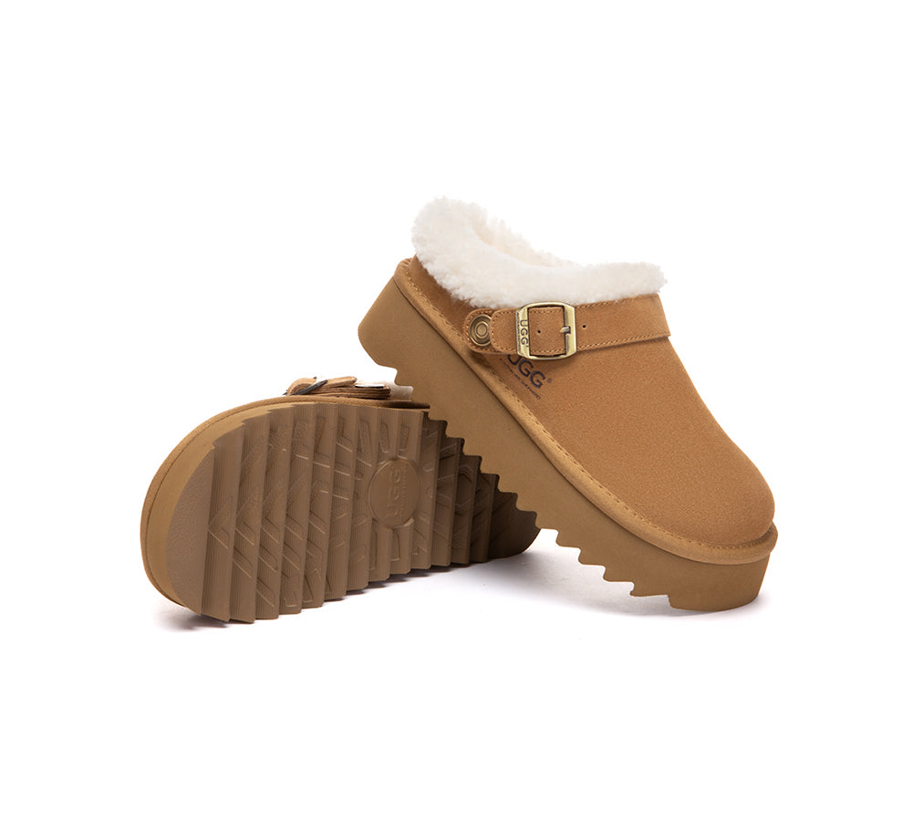 UGG Slippers Sheepskin Wool Adjustable Strap Platform Pulsey