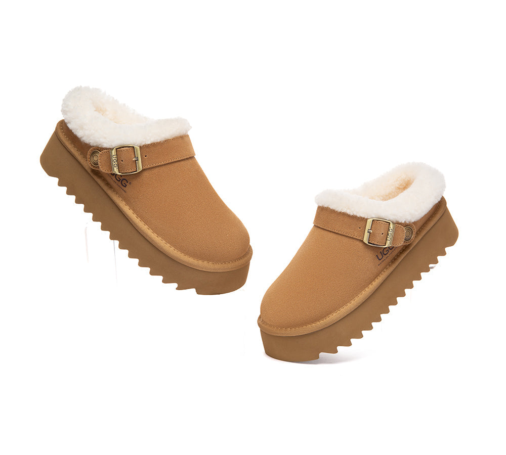 UGG Slippers Sheepskin Wool Adjustable Strap Platform Pulsey