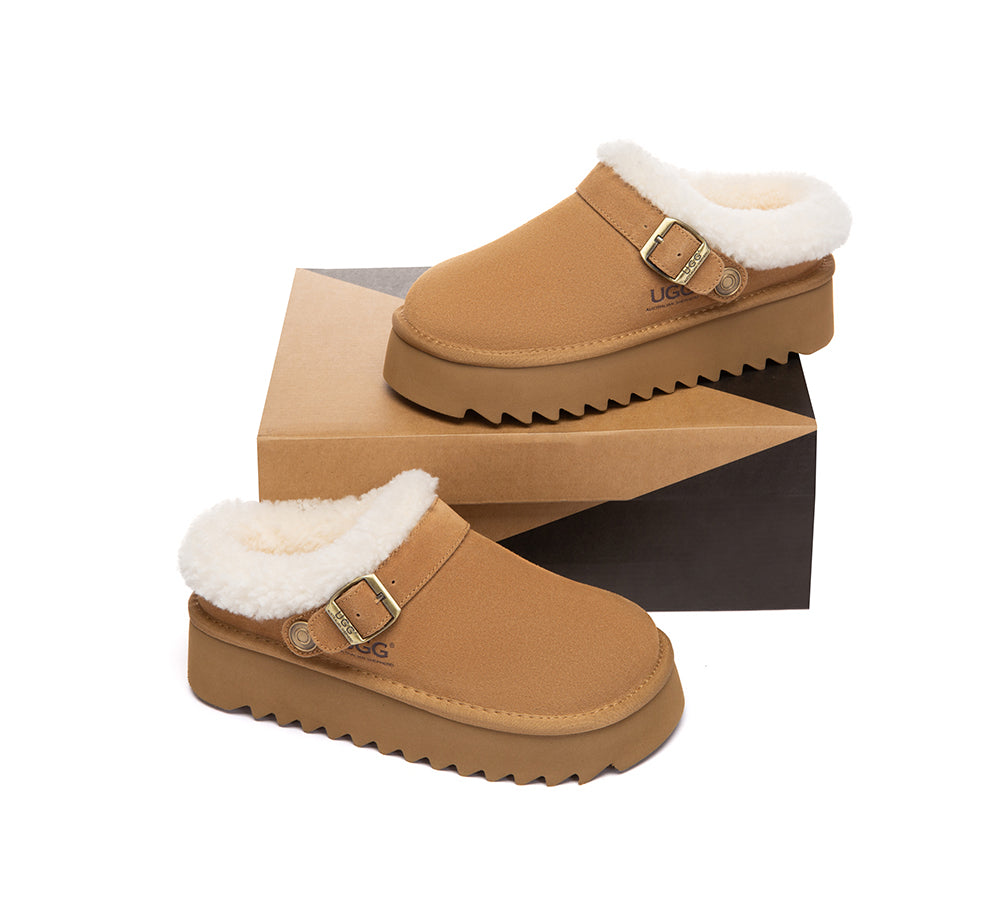 UGG Slippers Sheepskin Wool Adjustable Strap Platform Pulsey