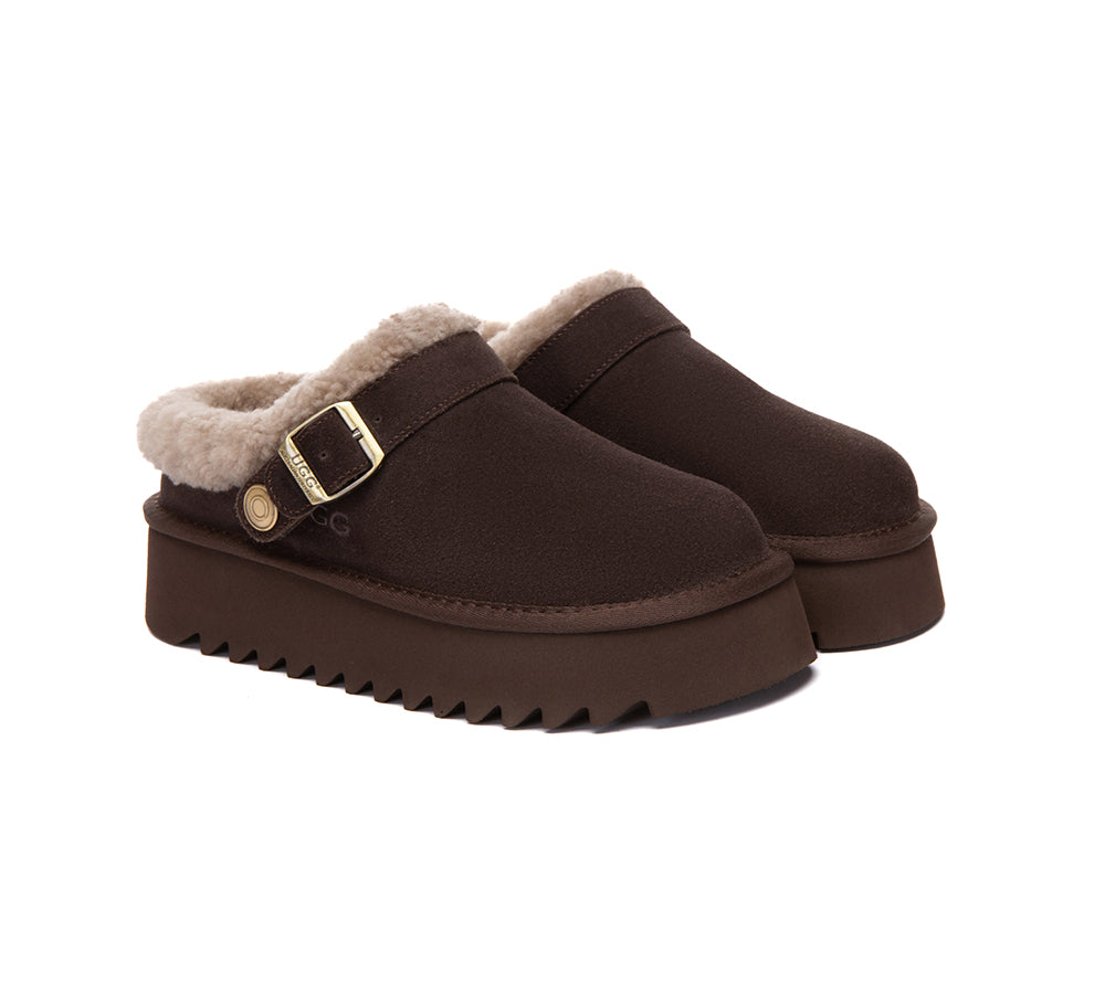 UGG Slippers Sheepskin Wool Adjustable Strap Platform Pulsey