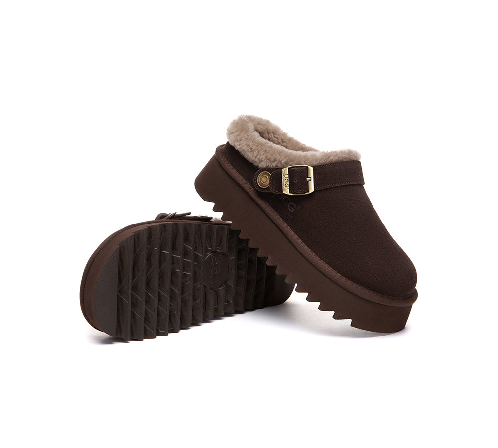 UGG Slippers Sheepskin Wool Adjustable Strap Platform Pulsey