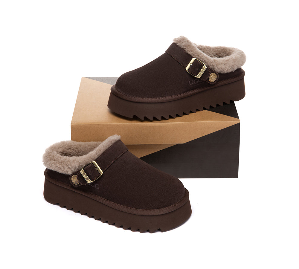 UGG Slippers Sheepskin Wool Adjustable Strap Platform Pulsey