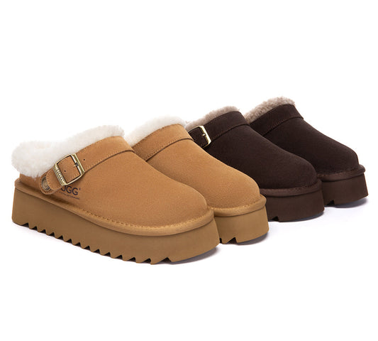 UGG Slippers Sheepskin Wool Adjustable Strap Platform Pulsey