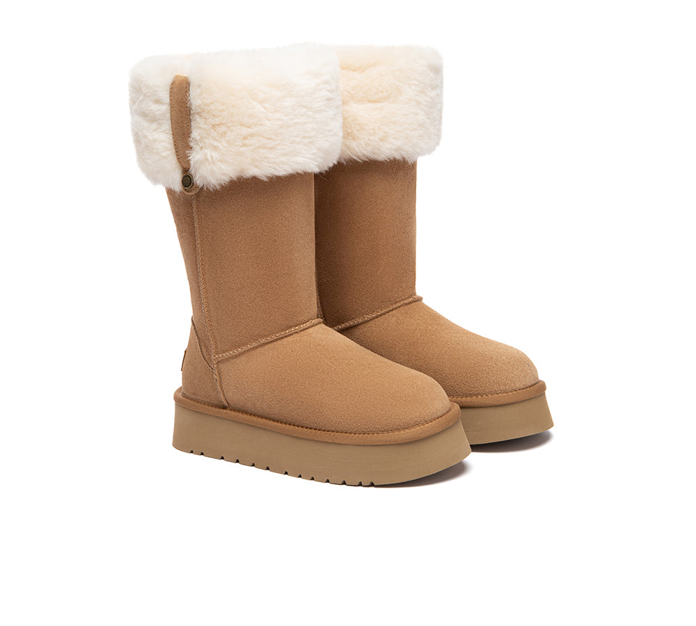 UGG Boots Sheepskin Wool Collar Tall Platform Eleny