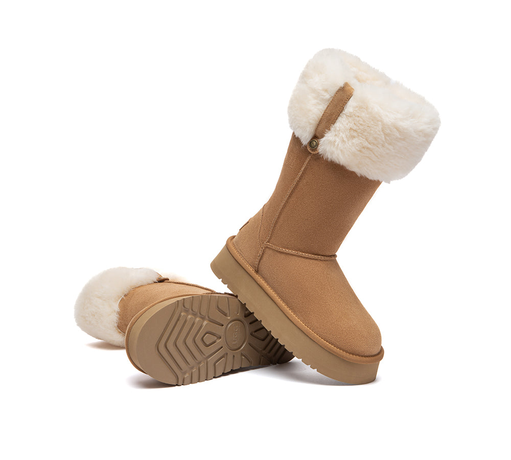 UGG Boots Sheepskin Wool Collar Tall Platform Eleny