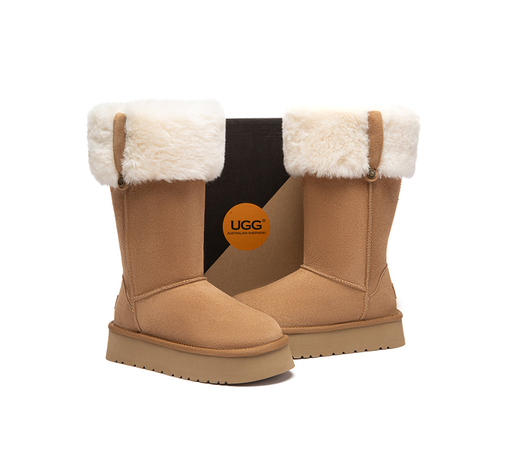 UGG Boots Sheepskin Wool Collar Tall Platform Eleny