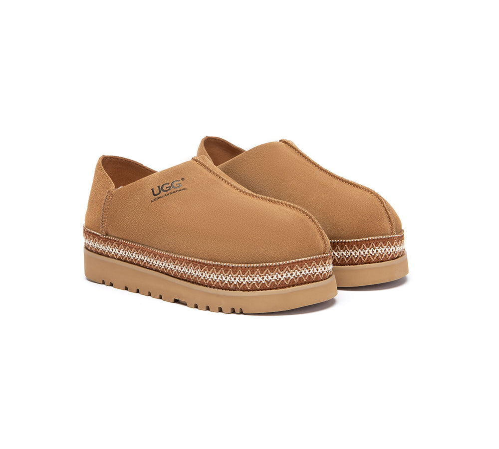 UGG Slippers Women Sheepskin Wool Woven Trim Tayven