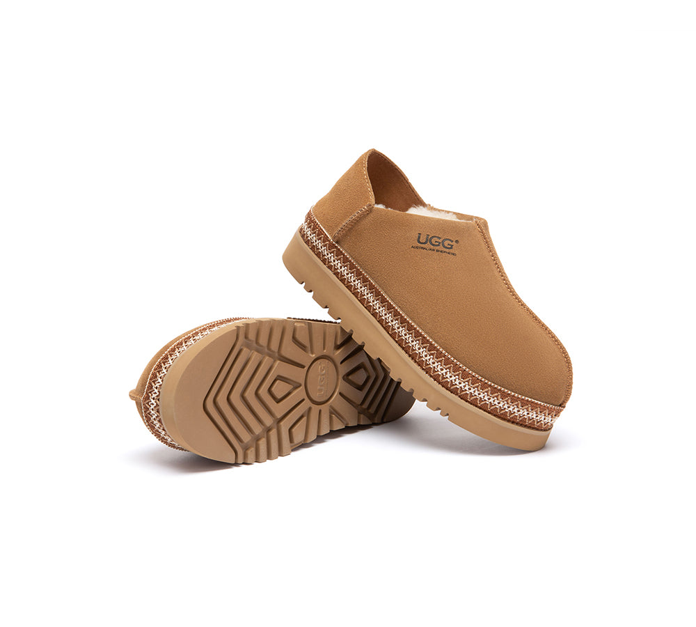 UGG Slippers Women Sheepskin Wool Woven Trim Tayven