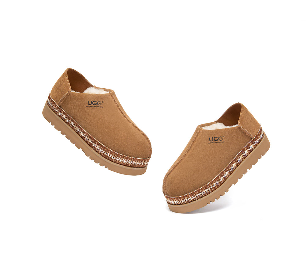 UGG Slippers Women Sheepskin Wool Woven Trim Tayven