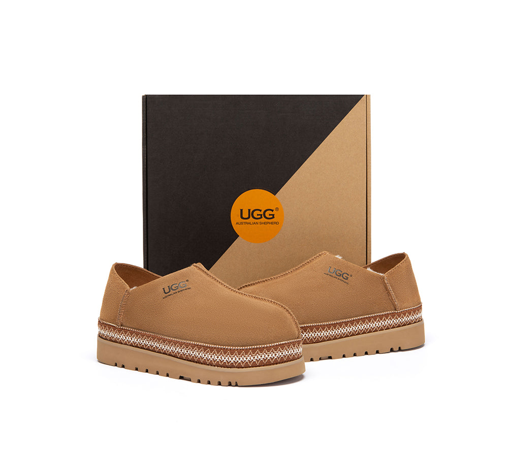 UGG Slippers Women Sheepskin Wool Woven Trim Tayven