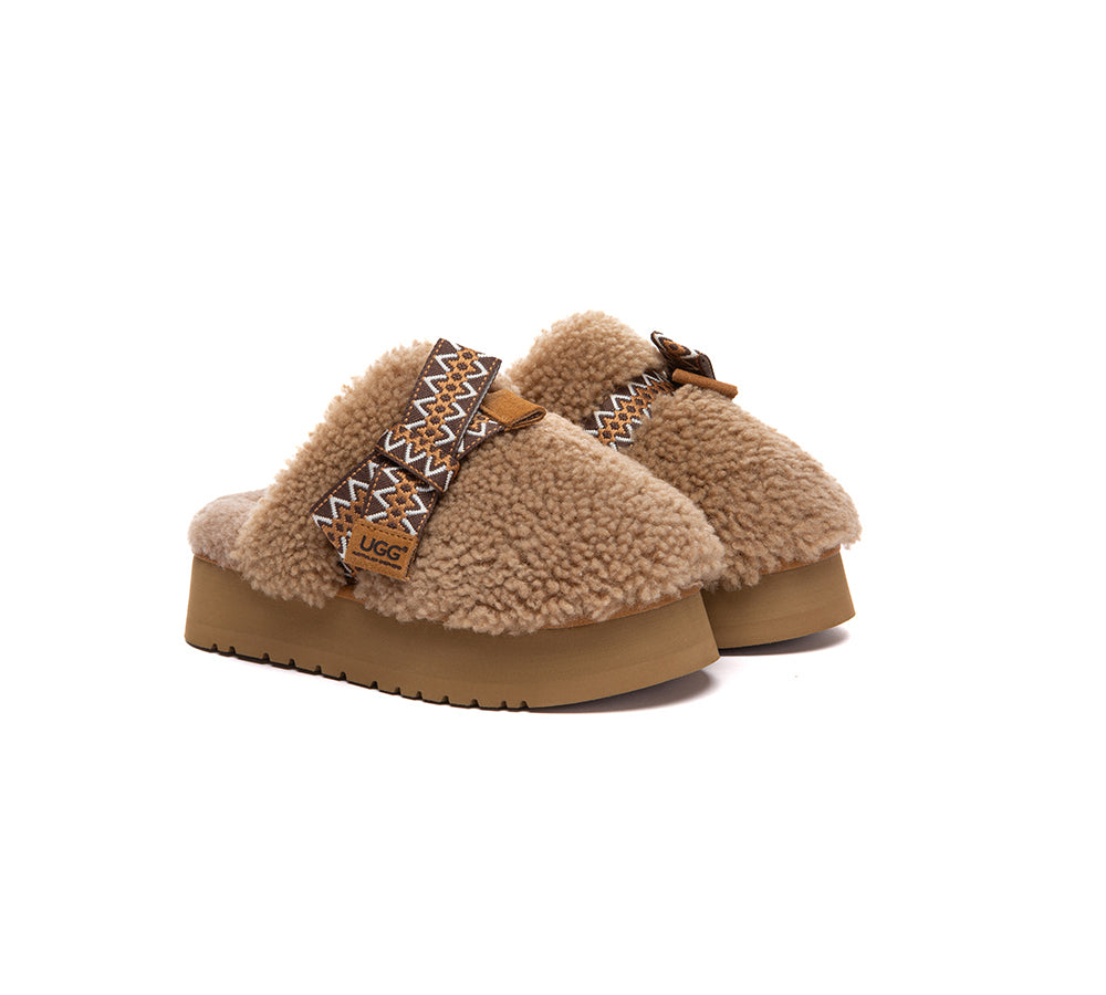 UGG Slippers Women Sheepskin Wool Bow Platform Cecil