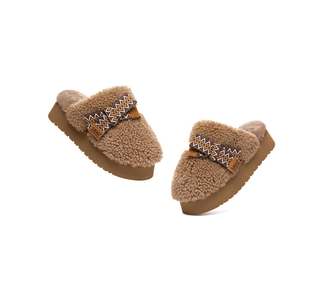 UGG Slippers Women Sheepskin Wool Bow Platform Cecil