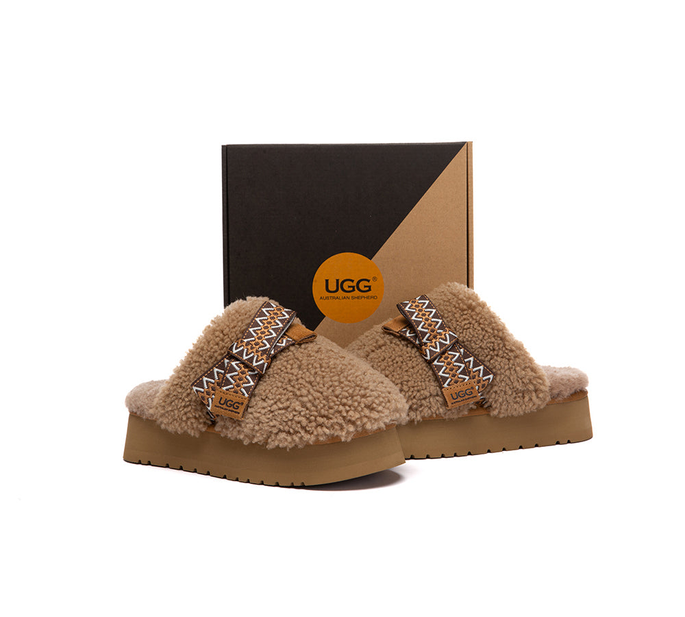 UGG Slippers Women Sheepskin Wool Bow Platform Cecil