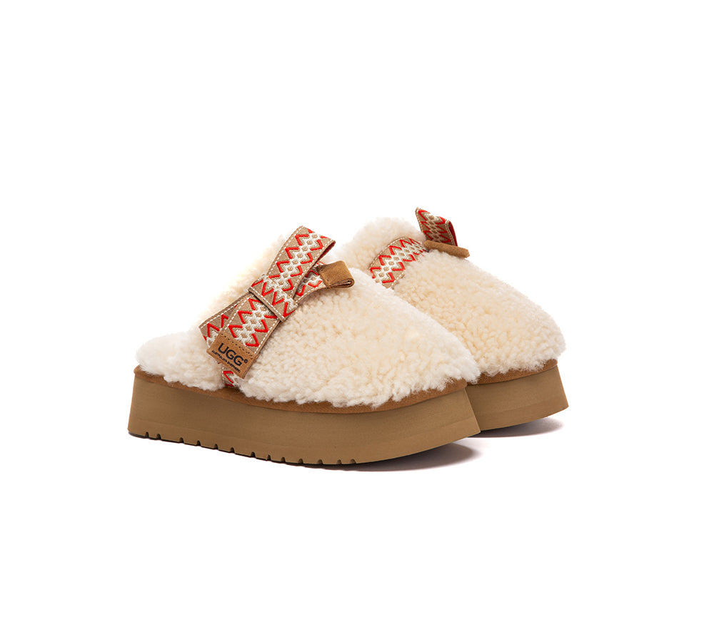 UGG Slippers Women Sheepskin Wool Bow Platform Cecil