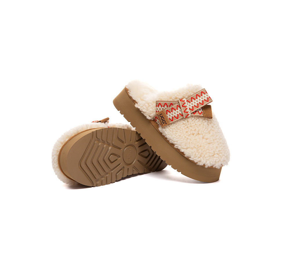 UGG Slippers Women Sheepskin Wool Bow Platform Cecil