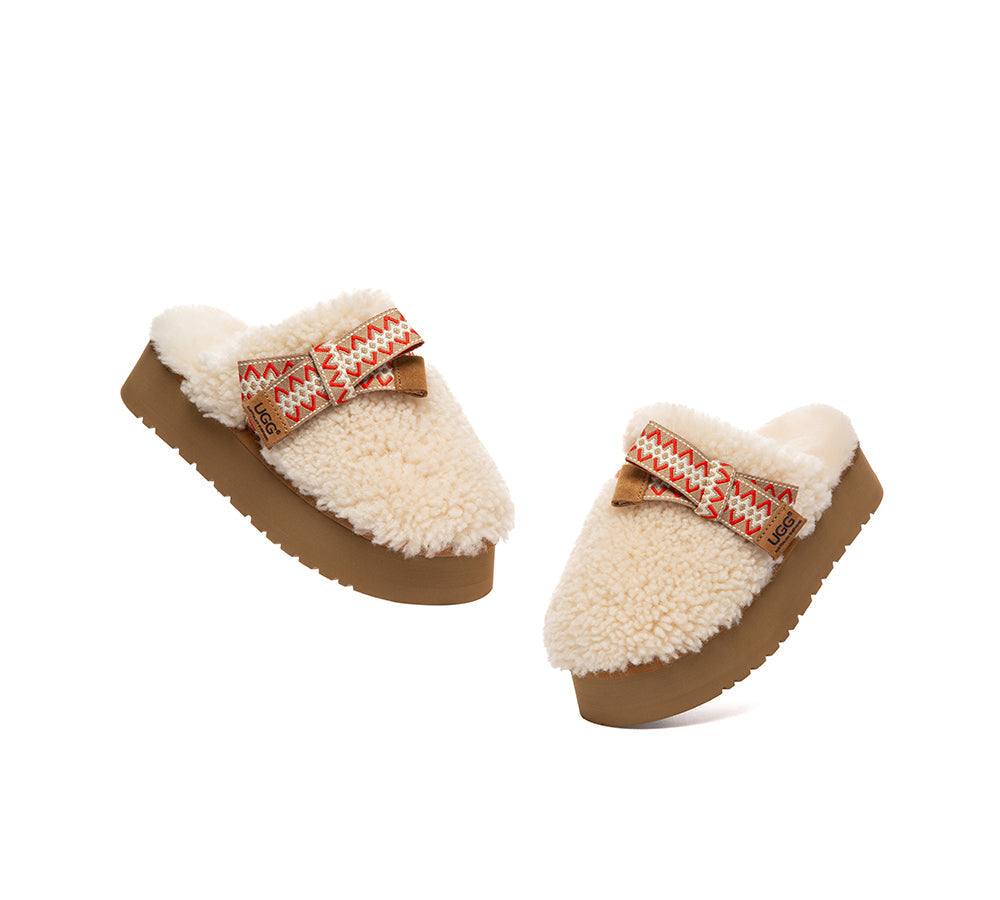 UGG Slippers Women Sheepskin Wool Bow Platform Cecil