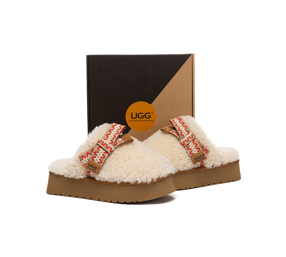 UGG Slippers Women Sheepskin Wool Bow Platform Cecil