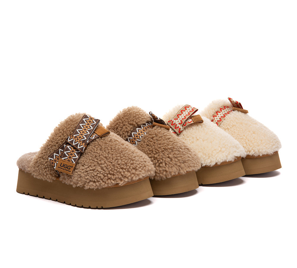 UGG Slippers Women Sheepskin Wool Bow Platform Cecil