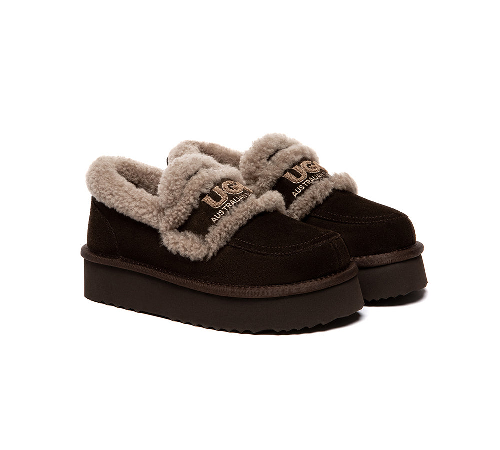 UGG Slippers Women Sheepskin Wool Ankle Platform Loafers Rilee