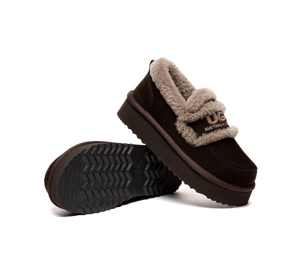 UGG Slippers Women Sheepskin Wool Ankle Platform Loafers Rilee