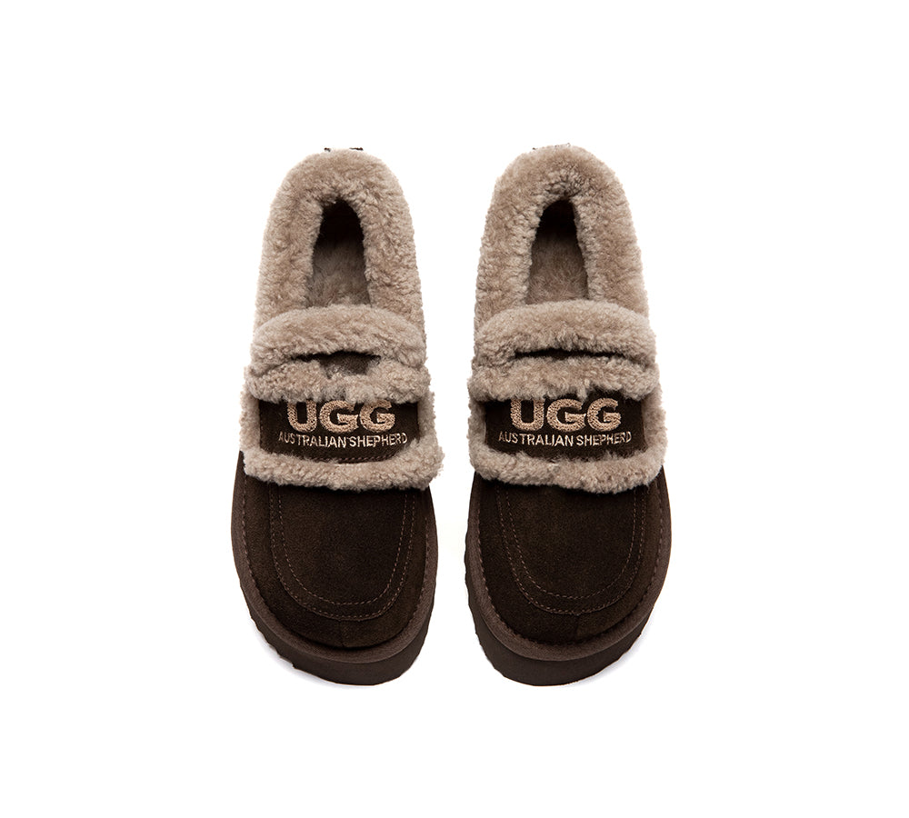 UGG Slippers Women Sheepskin Wool Ankle Platform Loafers Rilee
