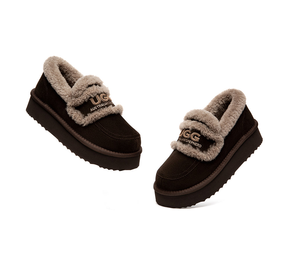 UGG Slippers Women Sheepskin Wool Ankle Platform Loafers Rilee