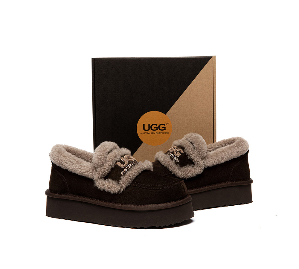 UGG Slippers Women Sheepskin Wool Ankle Platform Loafers Rilee