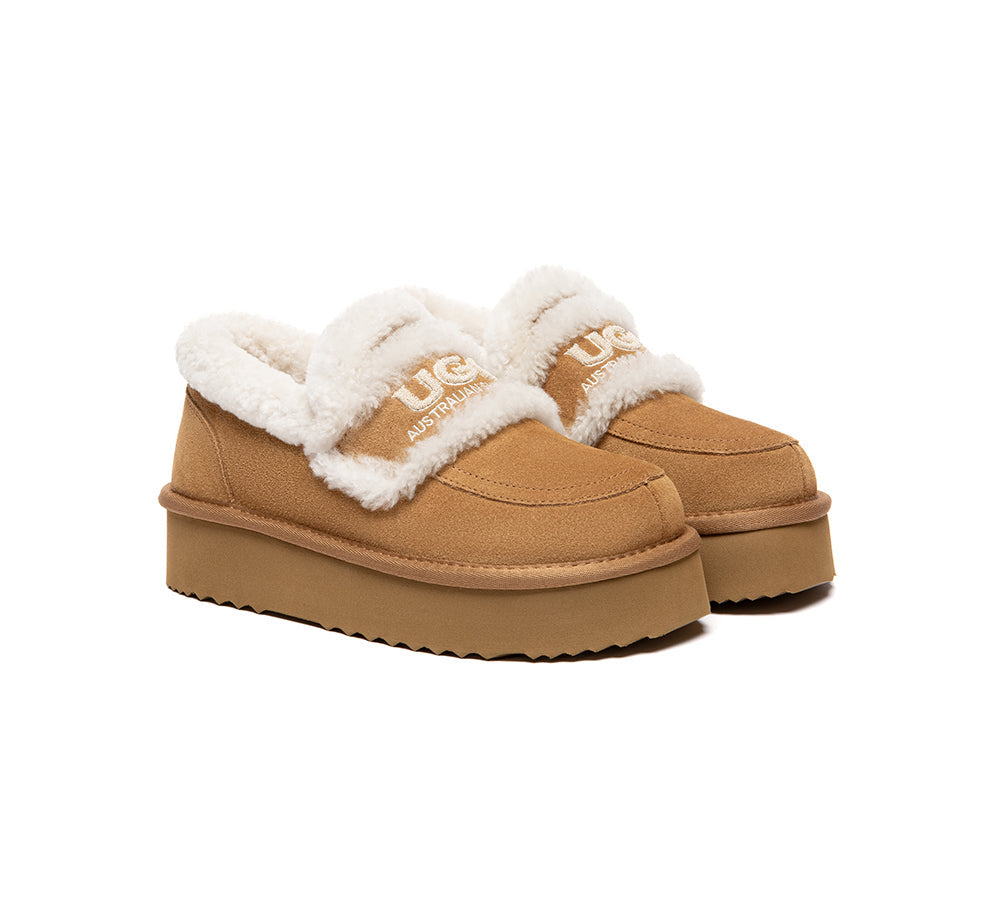 UGG Slippers Women Sheepskin Wool Ankle Platform Loafers Rilee