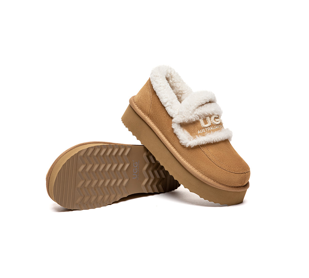 UGG Slippers Women Sheepskin Wool Ankle Platform Loafers Rilee