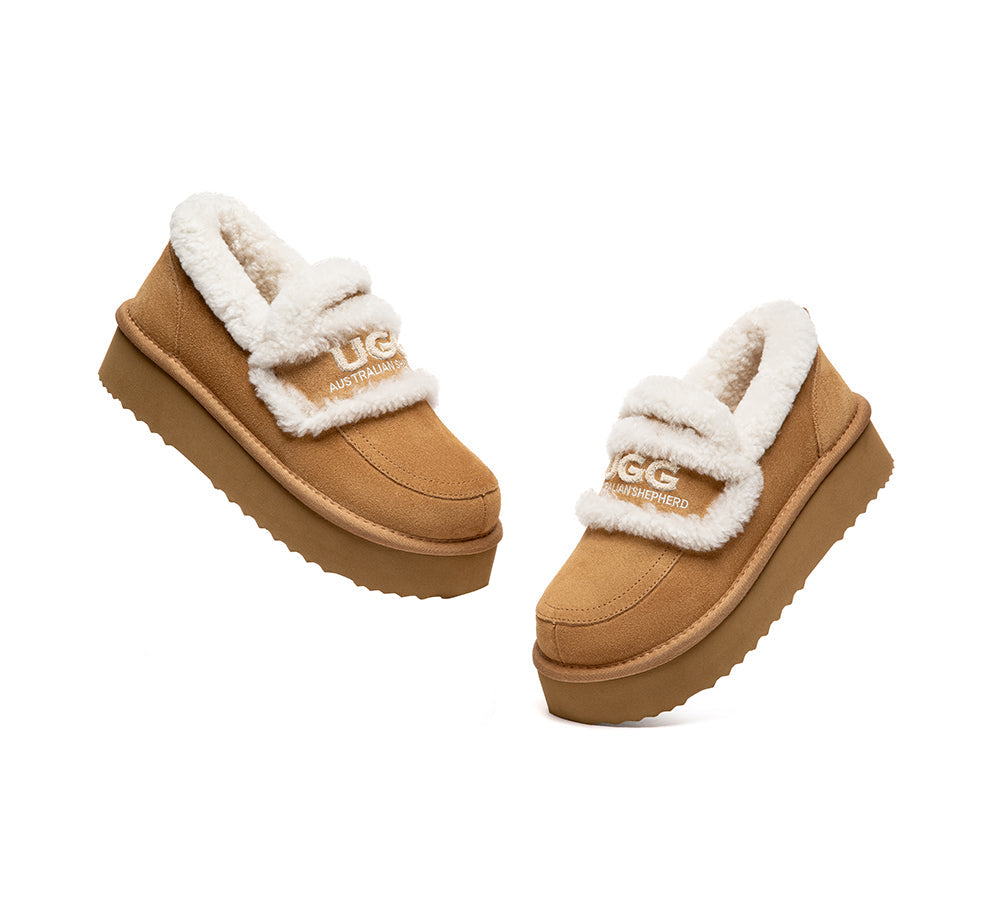 UGG Slippers Women Sheepskin Wool Ankle Platform Loafers Rilee