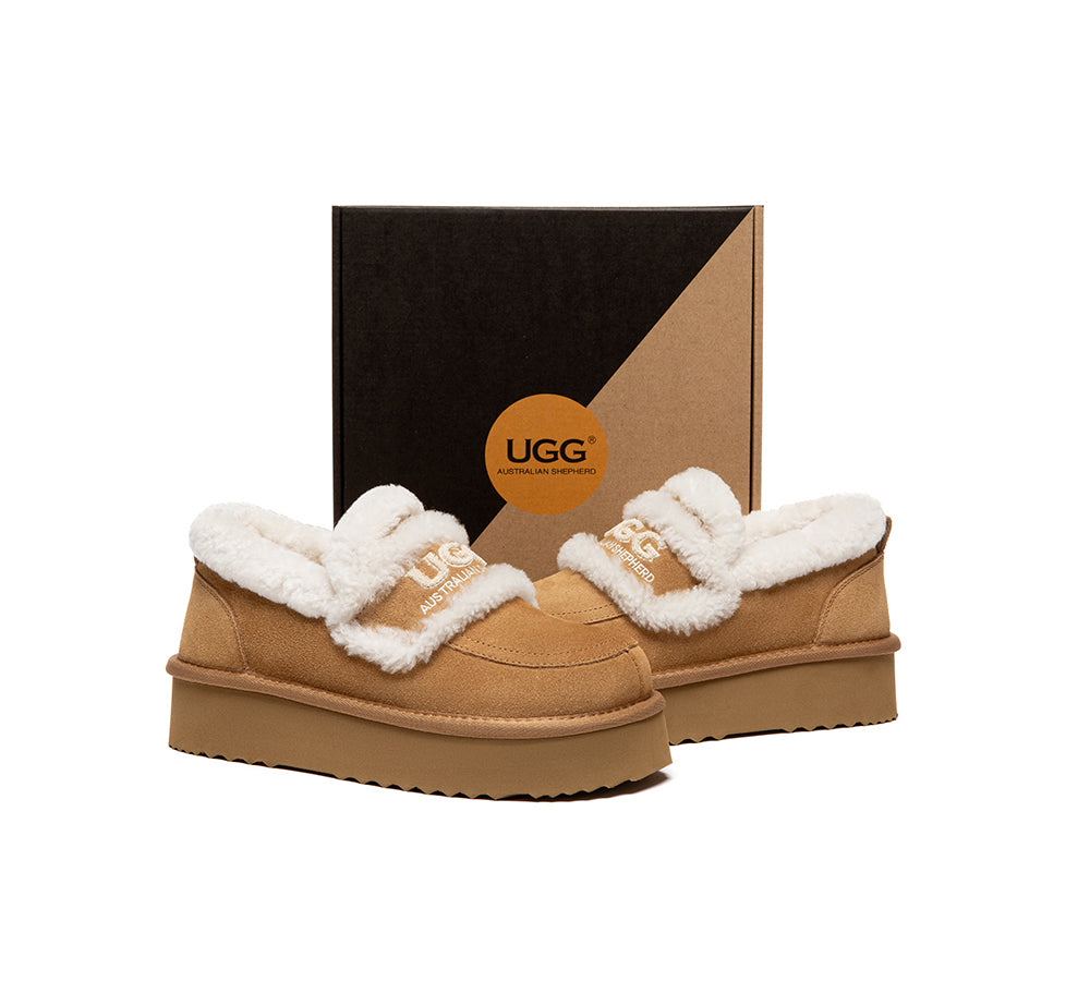 UGG Slippers Women Sheepskin Wool Ankle Platform Loafers Rilee