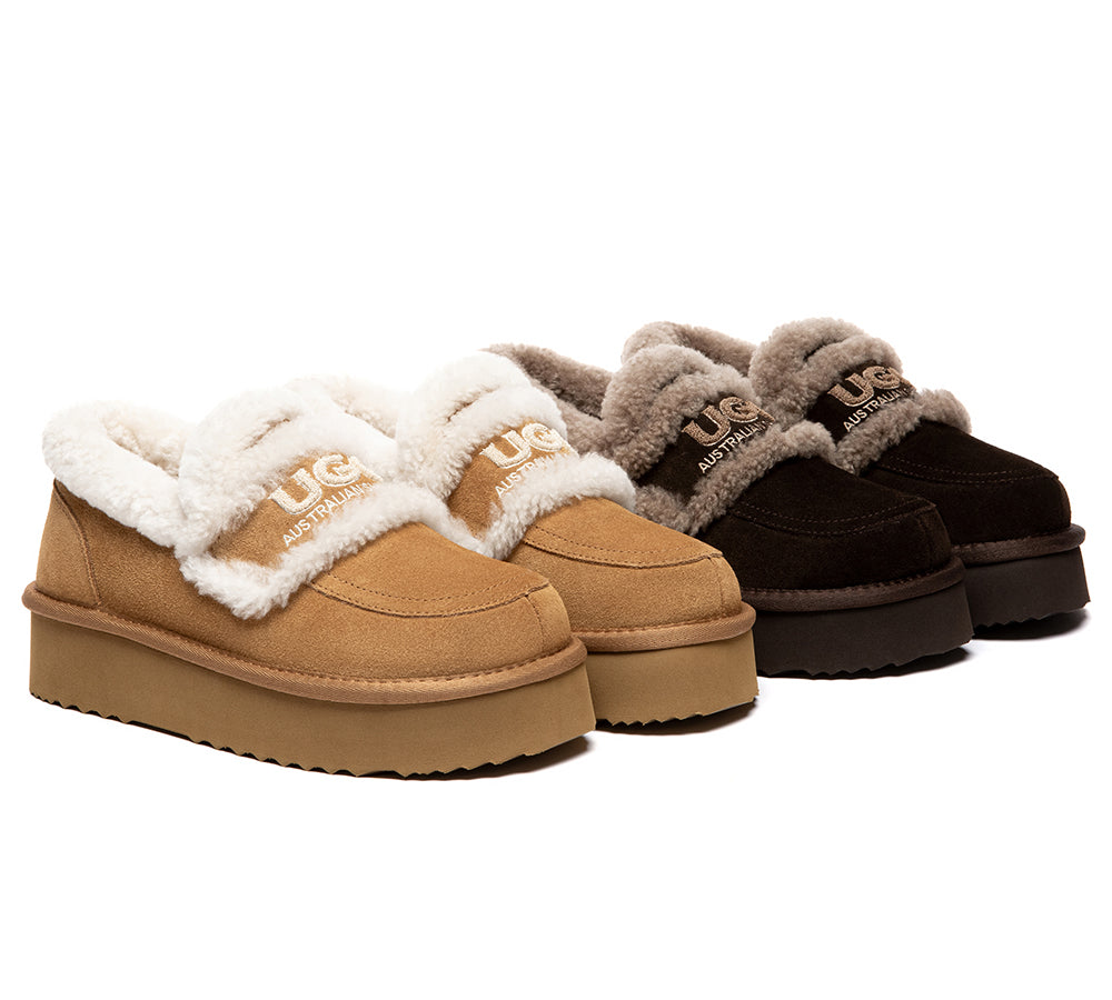 UGG Slippers Women Sheepskin Wool Ankle Platform Loafers Rilee