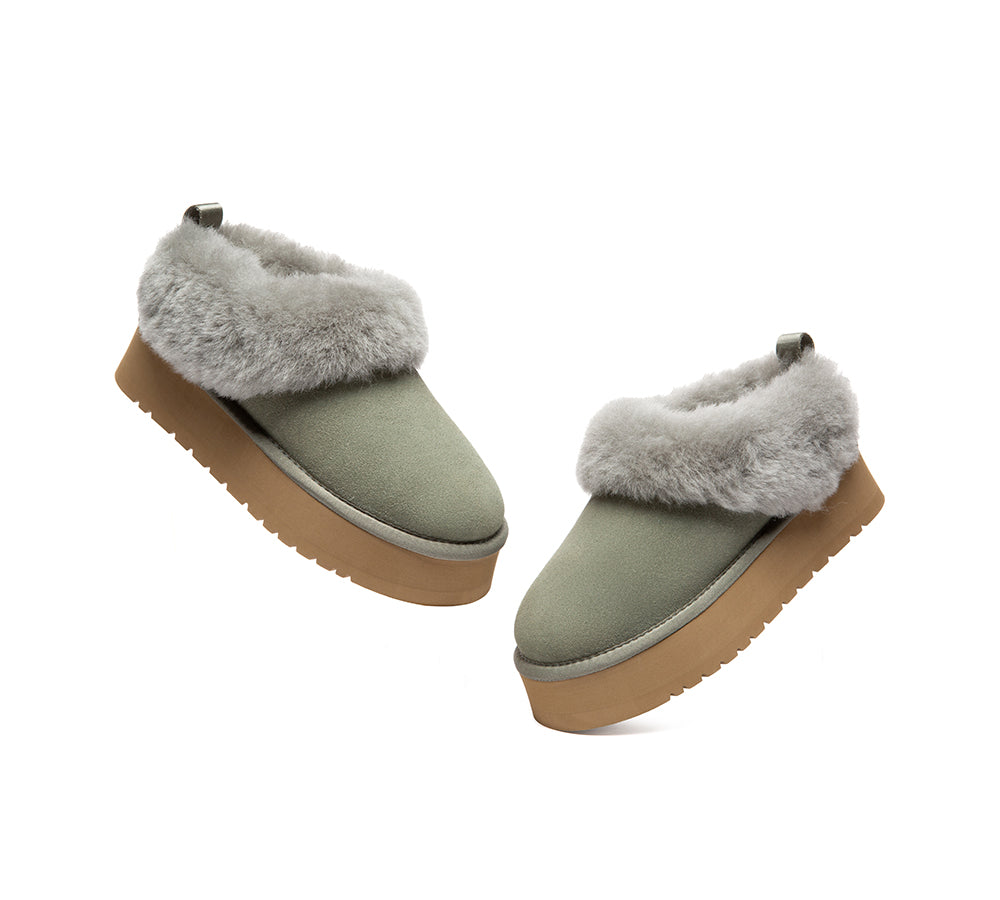 UGG Slippers Sheepskin Wool Collar Ankle Platform Glacial