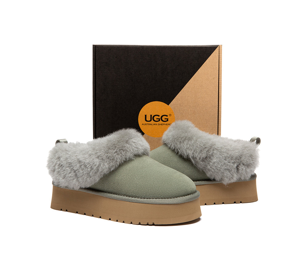 UGG Slippers Sheepskin Wool Collar Ankle Platform Glacial
