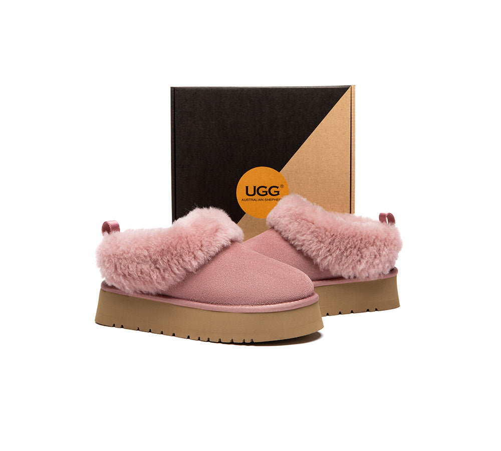 UGG Slippers Sheepskin Wool Collar Ankle Platform Glacial