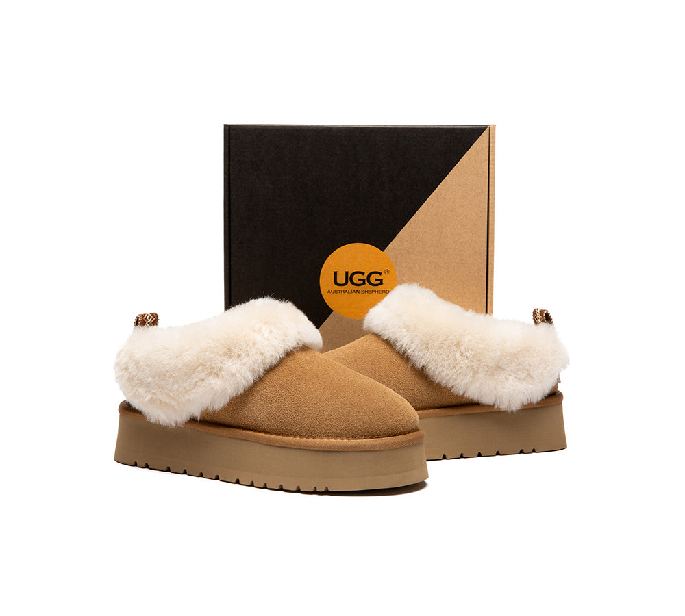 UGG Slippers Sheepskin Wool Collar Ankle Platform Glacial