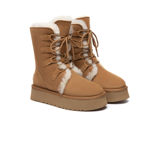 UGG Boots Sheepskin Wool Lace Up Platform Short Brunor