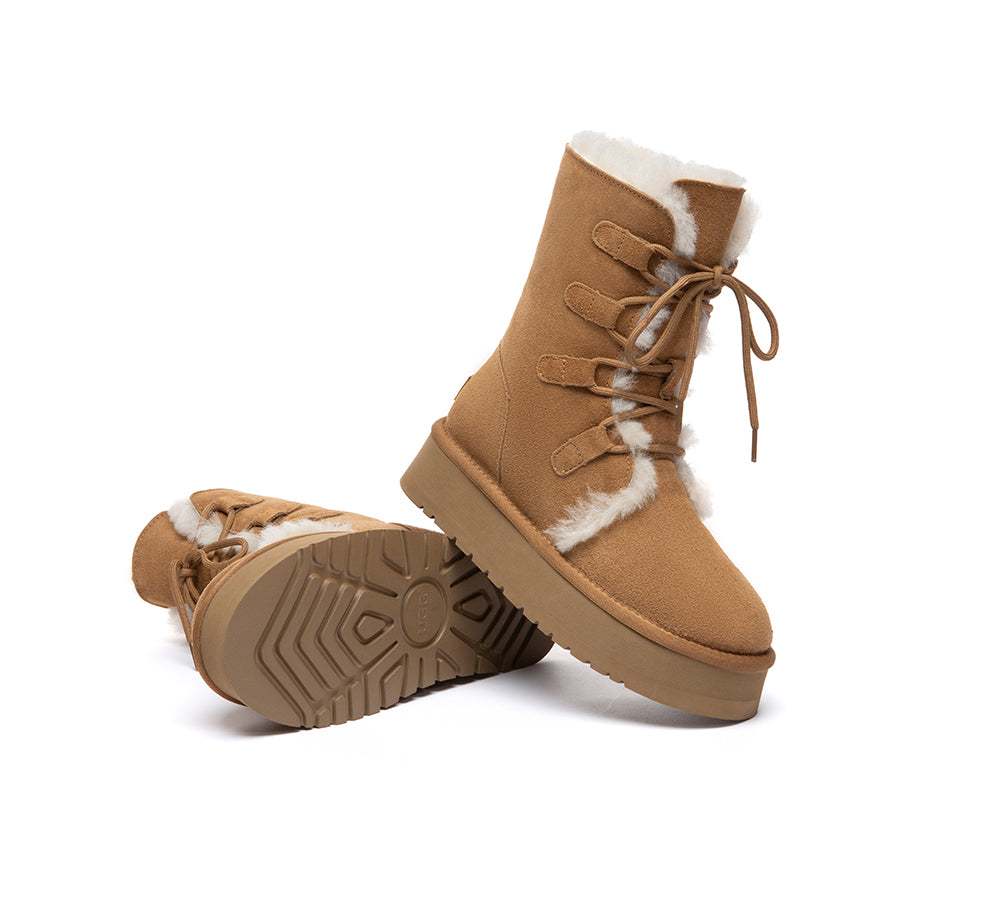 UGG Boots Sheepskin Wool Lace Up Platform Short Brunor