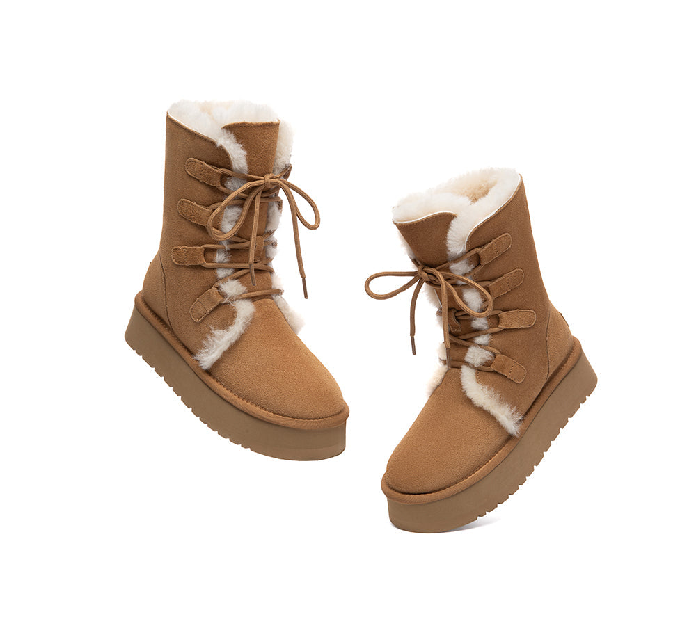 UGG Boots Sheepskin Wool Lace Up Platform Short Brunor
