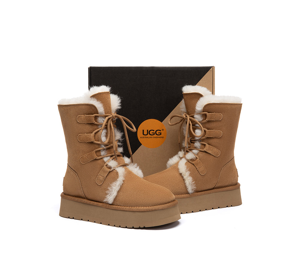 UGG Boots Sheepskin Wool Lace Up Platform Short Brunor