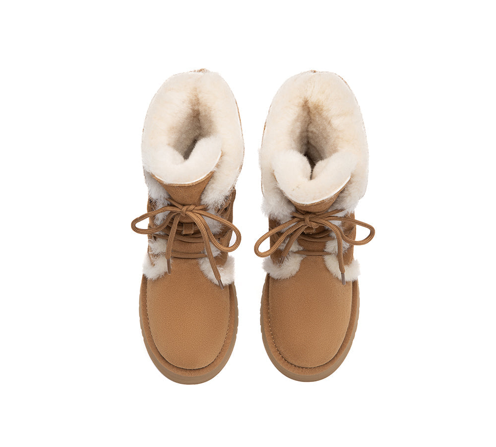 UGG Boots Sheepskin Wool Lace Up Platform Short Brunor