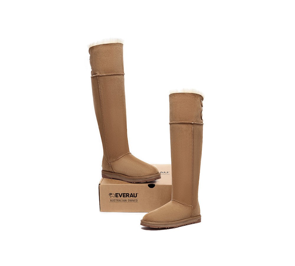UGG Boots Women Double Faced Sheepskin Wool Tall Button Over-Knee Jenner