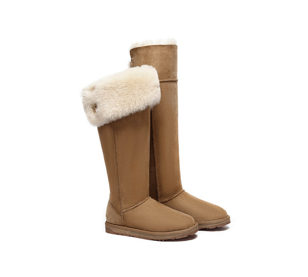 UGG Boots Women Double Faced Sheepskin Wool Tall Button Over-Knee Jenner