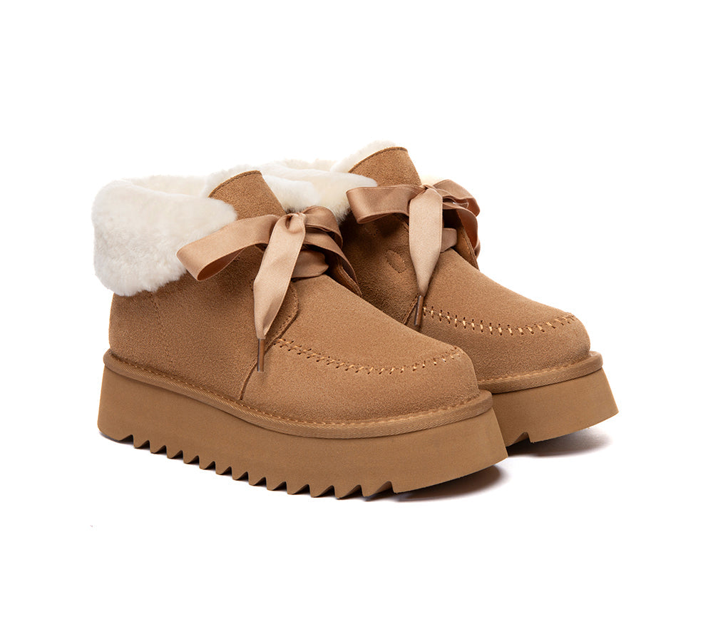UGG Boots Sheepskin Wool Collar Lace Up Platform Cozira